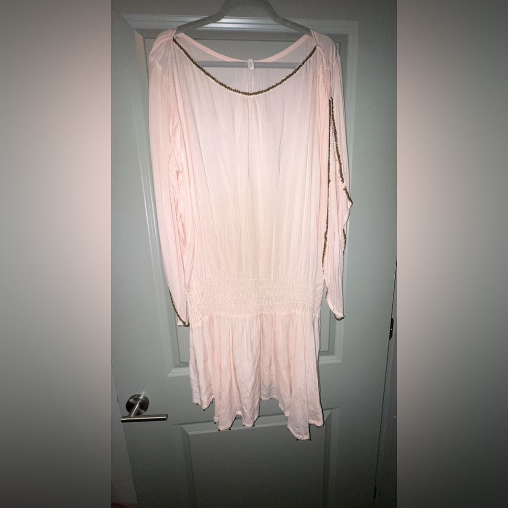 Pink Open Long Sleeve Dress with Gold Trim